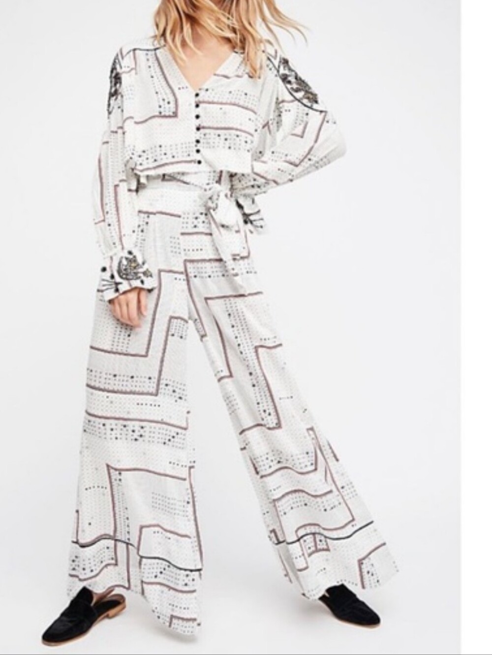 Free People White Geo-Print Wide Leg Jumpsuit Medium